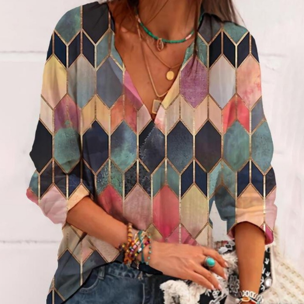 Color Block V-Neckline Long Sleeve Blouse M